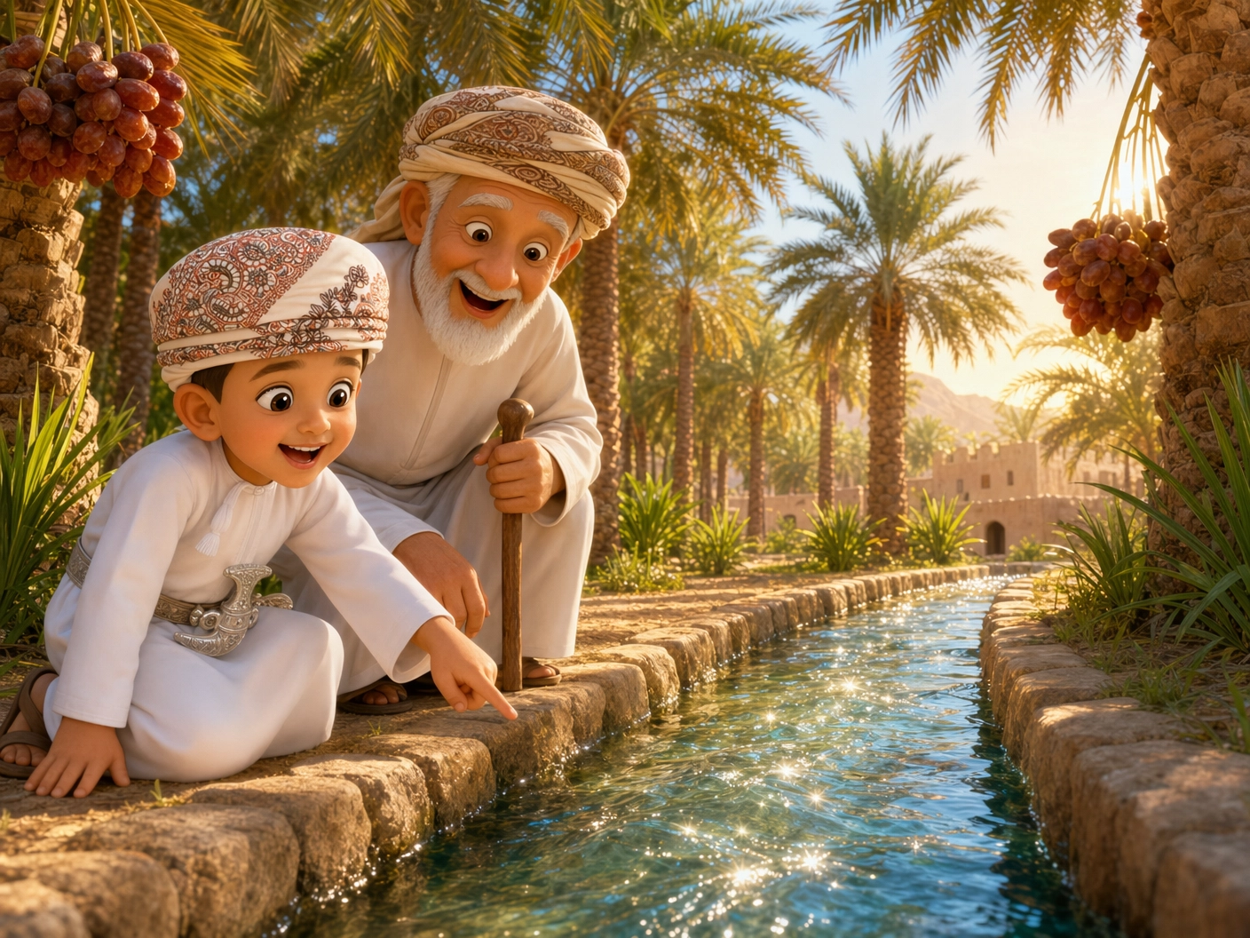 رجل وطفل يستكشفان الطبيعة العُمانية